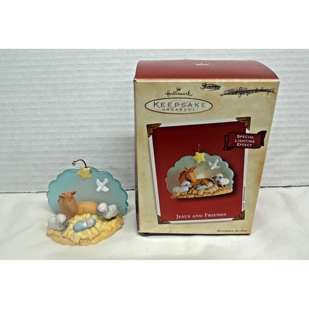 2002 Hallmark Keepsake Ornament Jesus and Friends Manger with Animals Lights